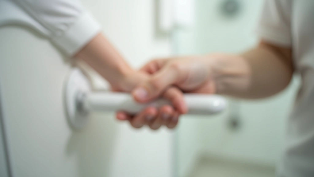 Elderly person using bathroom grab bar safely