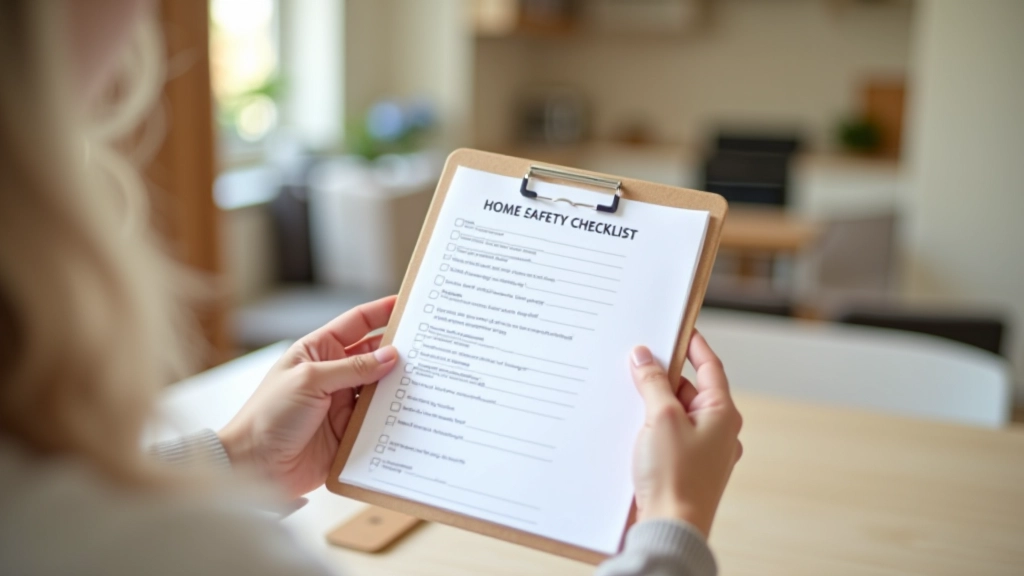 Hands holding a printed home modification checklist with room labels and checkboxes in a well-lit, organized home setting