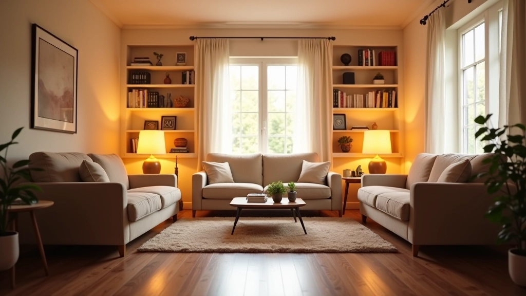 Living room with furniture arranged to create clear pathways, good lighting, secure furniture placement, and no tripping hazards