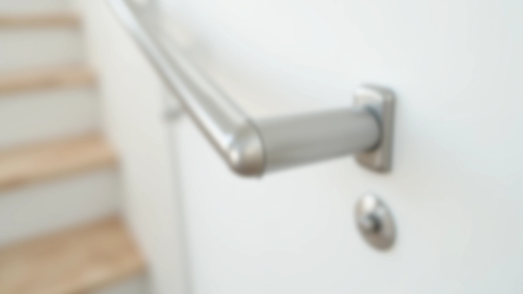 Detailed view of properly installed black metal handrail on white wall next to staircase, showing correct height and secure mounting brackets