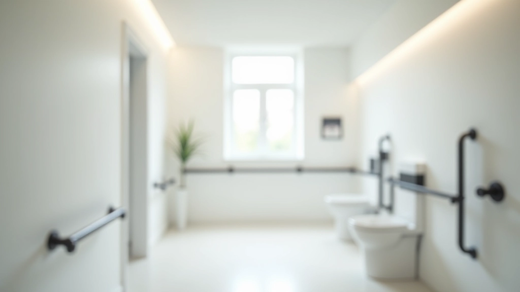Detailed bathroom floor plan showing optimal grab bar placement, shower accessibility modifications, and slip-resistant flooring specifications