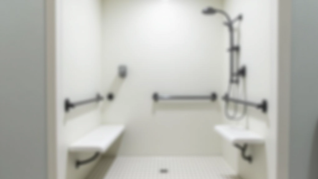 Accessible shower setup with grab bars, shower chair, handheld showerhead, and slip-resistant flooring creating safe bathing environment
