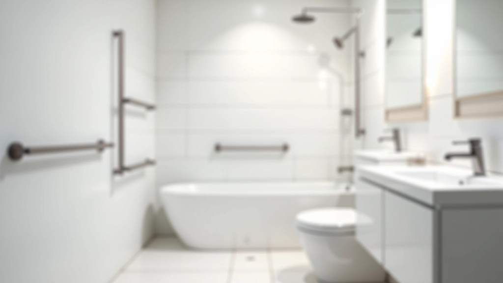 Modern accessible bathroom with installed grab bars near toilet and tub, non-slip flooring, bright lighting, and clear pathways