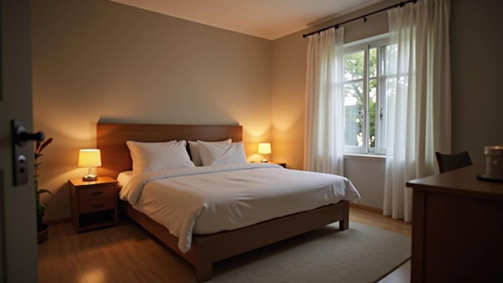 Bedroom with a firm, accessible bed at appropriate height, clear pathway from bed to door, nightstand with lamp within reach, and good lighting