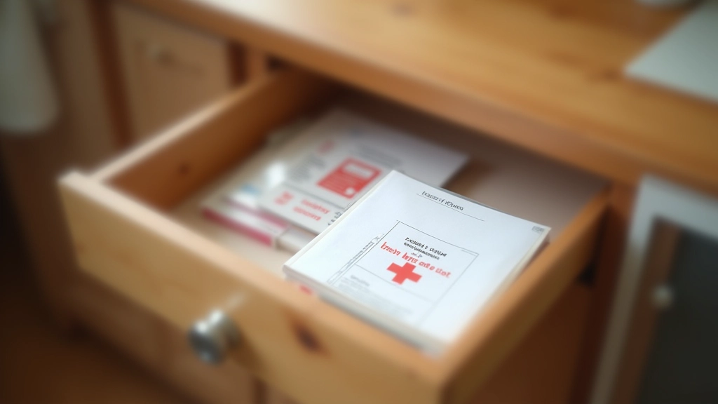 First aid kit and emergency documents organized in accessible kitchen drawer with label, phone charging nearby