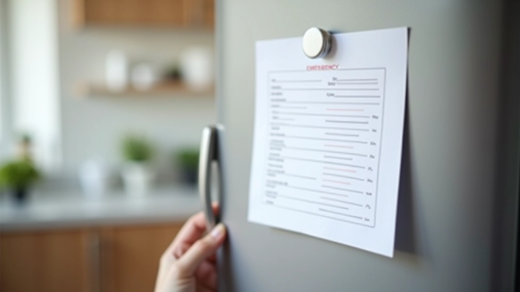 Printed emergency contact list on refrigerator with names, phone numbers, and relationships clearly organized in columns