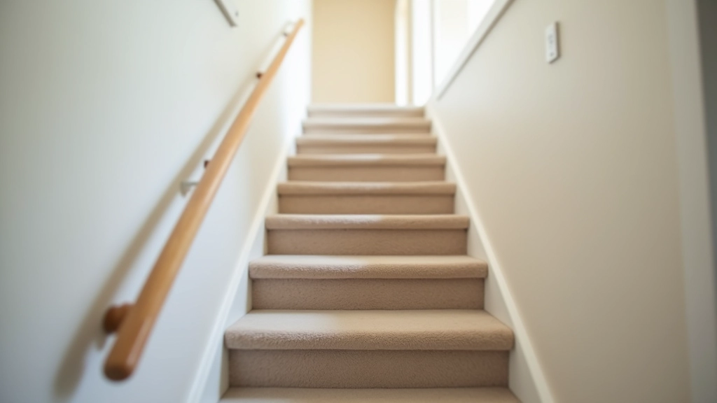 Home interior showing staircase with proper lighting, handrails installed on both sides, and clear visibility of each step