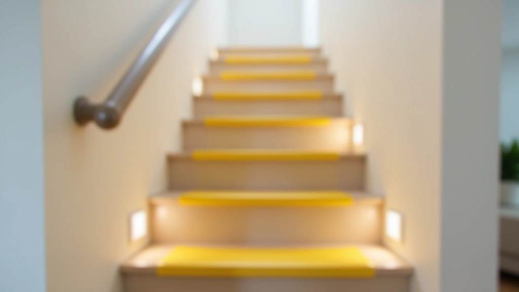 Staircase showing multiple safety modifications: contrasting nosing tape on step edges, anti-slip treads, bright LED lighting, and secure handrail installation
