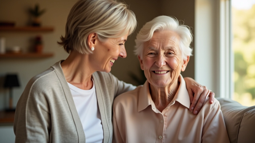 Caregiver and elderly loved one in a safely modified home environment