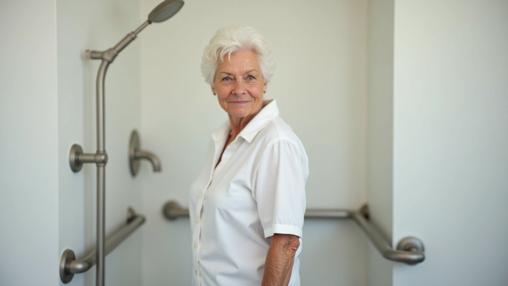 Senior woman holding safety rails while standing in modern bathroom with grab bars installed near toilet and shower area