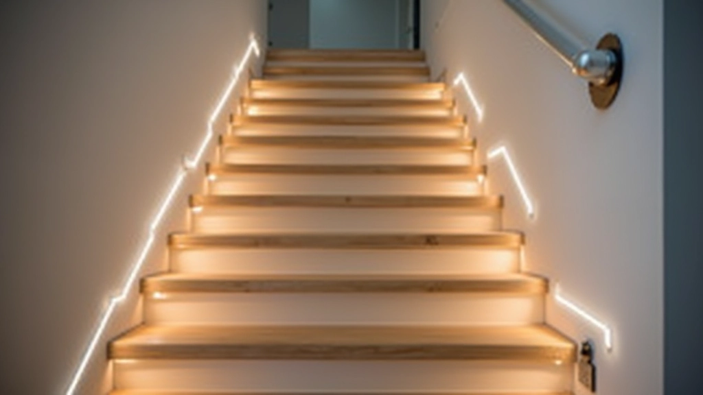 Staircase with modern LED strip lighting along the side of each step, creating bright illumination without shadows, neutral white light temperature