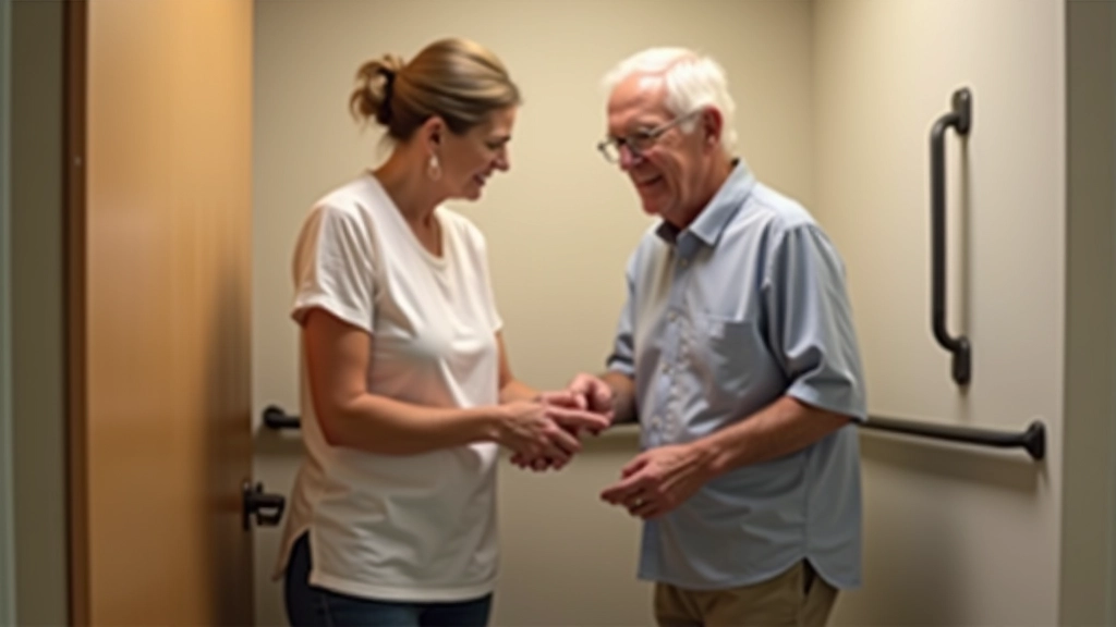 Caregiver assisting elderly person safely in modern accessible bathroom with grab bars and non-slip flooring visible