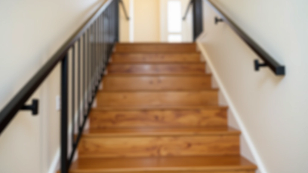 Close-up detail of a wooden staircase with modern black metal handrails mounted securely on both sides, showing proper grip height and installation